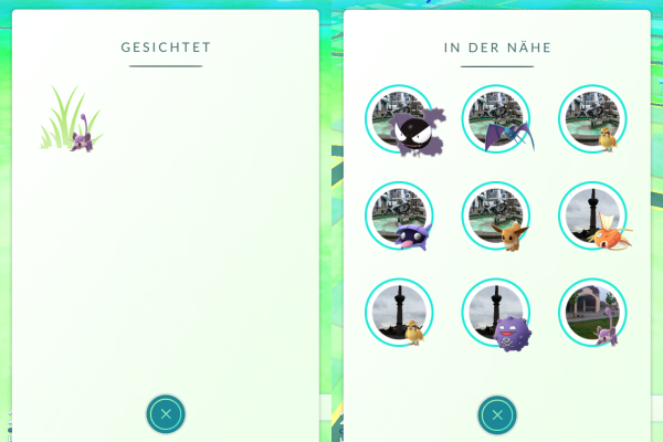 Links: Die alte "Gesichtet"-Funktion besteht weiterhin - zumindest in toten Gebieten ohne Pokestops. Rechts: Das ist die neue Tracking-Funktion, in der Pokémon nach Pokestops angezeigt werden.