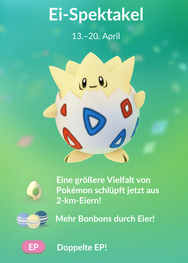 Offizielles Pop-Up im Spiel: Das Pokémon GO Oster-Event ("Ei-Spektakel"), auch bekannt als "Eggstravaganza"