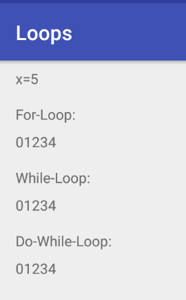 Loops für x=5 mit Bedingung i<x.